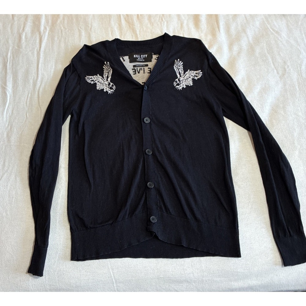 Kill City Women Top‎ Small Black Cardigan Served My Time in Hell Lg Hawk Graphic
